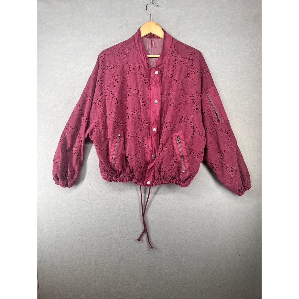 Free People Eyelet Bomber Jacket Berry Wine Floral Embroidered Snap Front Medium
